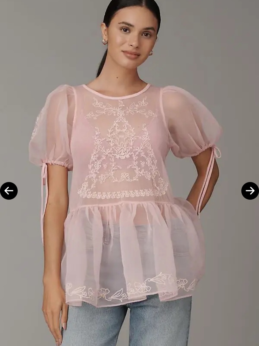 Anthropologie Pink Embroidered Sheer Mesh peplum Top NWOT Size S